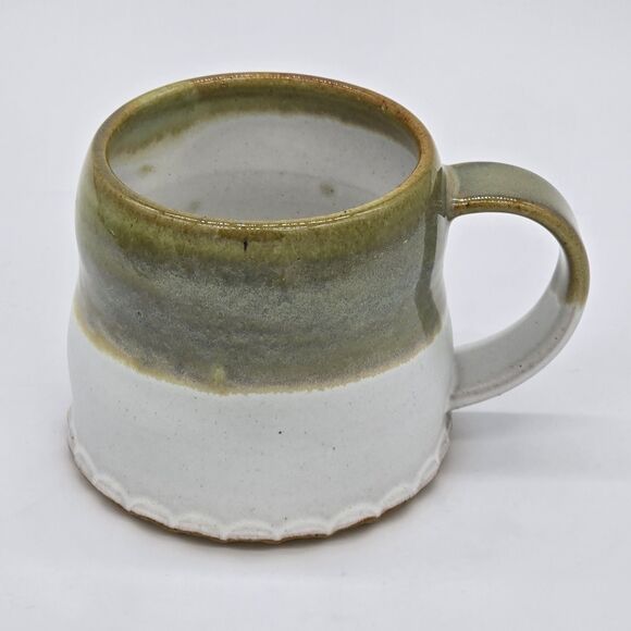 Studio Other - Signed Studio Pottery Mug Green and Cream Ruffled Base